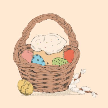 Line art color sketch of Easter basket with eggs and Easter cupcake. Hand drawn vintage vector illustration on textured beige paper background.