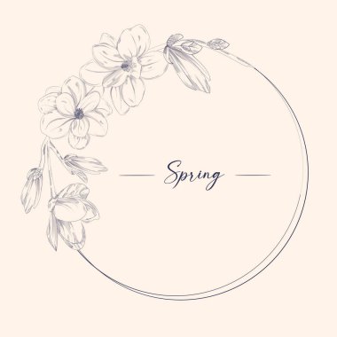 Magnolia Contour Çizim Şubesi. Düğün Tasarımı için Çember ya da Yuvarlak Çerçeve. İzole Vektör Zarif İllüstrasyonu,