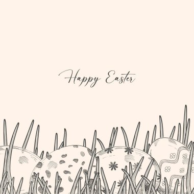 Çimlerin üzerinde dört tane boyalı yumurta. İşleme stili. Eski model. Vektör illüstrasyonu