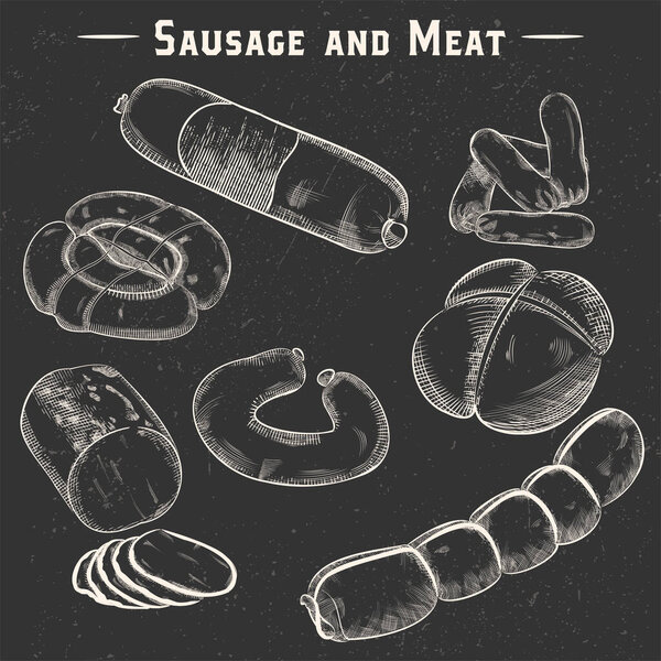 Иллюстрация векторного набора контуров мяса. Колбасы ручной работы и колбасы в белых линиях.