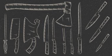 El çizimi tarzında bir bıçak seti. Büyük balta, satır, çatal, köpük ve şef bıçakları. Restoran menüsü, mutfak ve yemek tasarımı için en iyisi. Grunge desenli vektör illüstrasyonu