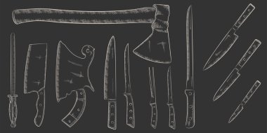 Profesyonel mutfak bıçakları ve klasik manuel kıyma makinesi seti. Menü, poster ve etiket için vektör monokrom klasik baskı çizimi. Beyaz arkaplanda izole