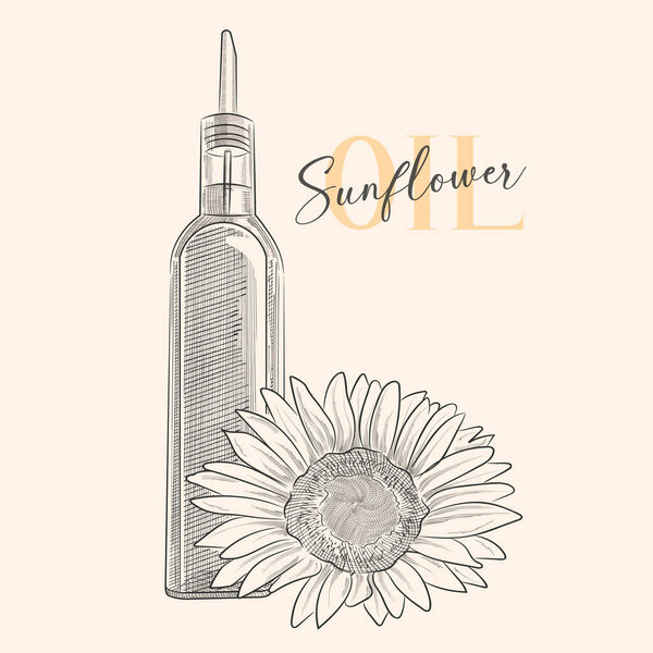 Бутылка подсолнечного масла с цветами. Векторная иллюстрация
