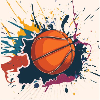 Boya serpintisi içinde bir basketbol topunun vektör çizimi, dinamik parlak arka plan, uçan basketbol, her yerde enerji,