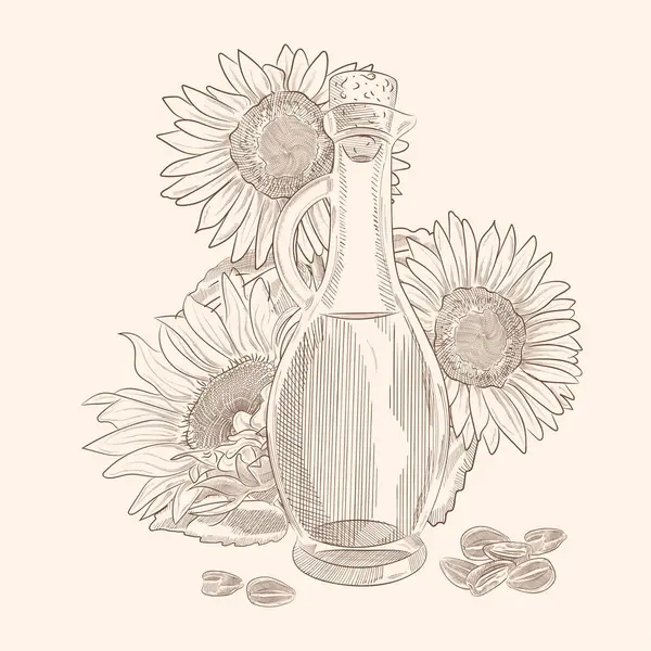 Sunflower flowers and oil bottles, vector illustration sketch. Set of sunflowers and seeds, composition for oil packaging