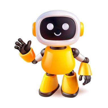 Neşeli sarı bir robot, yüzünde kocaman bir gülümsemeyle elini sallıyor ve etrafa neşe saçıyor.