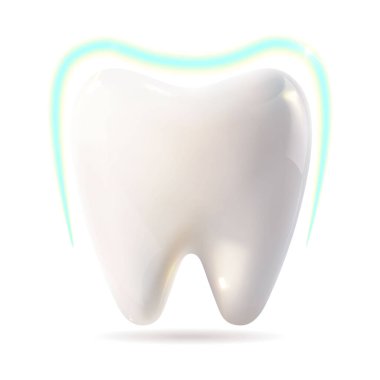 Görsel olarak çarpıcı beyaz bir diş. Etrafını çevreleyen parlak mavi bir çizgi var. Hepsi de temiz ve beyaz bir arkaplanda.
