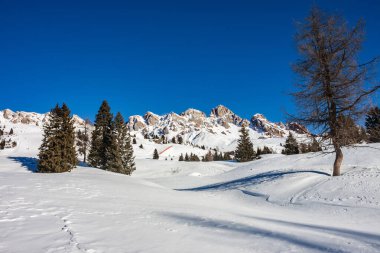 San Pellegrino geçidi ve kayak yamaçlarındaki Dolomitlerdeki Cima Uomo grubunun güzel panoramik manzarası. 