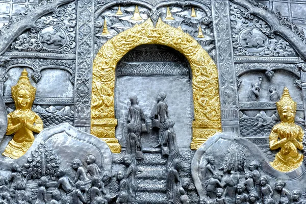 Thai Stílusú Ezüst Faragás Művészet Templom Falán Wat Srisuphan Chiang — Stock Fotó