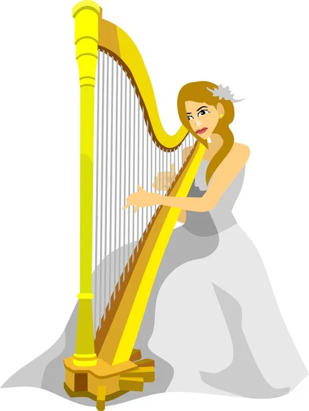 Weißes Kleid Mädchen Spielen Harfe Vektor — Stockvektor