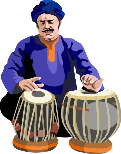 Mann Spielt Indische Traditionelle Trommel Vektor — Stockvektor
