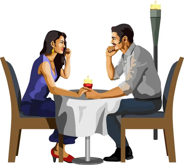 Romantic Couple Lovers Dinner Candle Light — Stock Vector