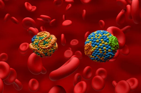 HDL (iyi, solda) ve LDL (Kötü, sağda) kan akışında lipoprotein (kolesterol) Yaklaşma görünümünde 3d illüstrasyon