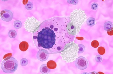 T-hücreleri kan akışında birden fazla miyelom hücresine saldırır - yakın çekim görüntüsü 3d illüstrasyon