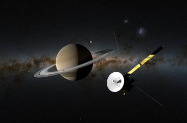Cassini-Huygens space probe with Saturn and Enceladus and Titan. In the background: Jupiter - isometric view 3d illustration
