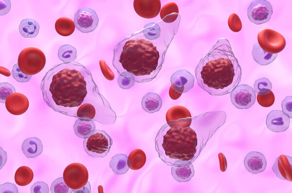 Primary myelofibrosis (PMF) cells in blood flow - isometric view 3d illustration
