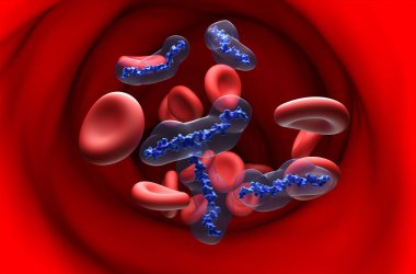 Heparin (UFH) anticoagulant molecules in the blood flow - section view 3d illustration clipart