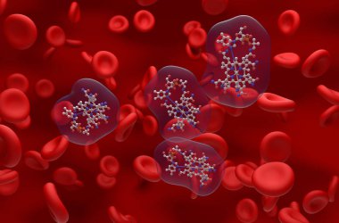 Kan akışı topunda B12 vitamini (kobalamin) yapısı ve izometrik görünüm 3d illüstrasyon
