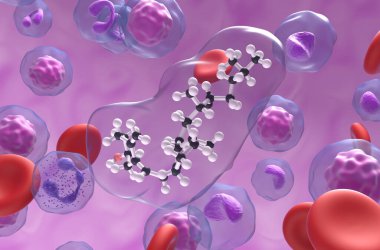 Kan akış topunda D vitamini yapısı ve yakın çekim görüntüsü 3D illüstrasyon