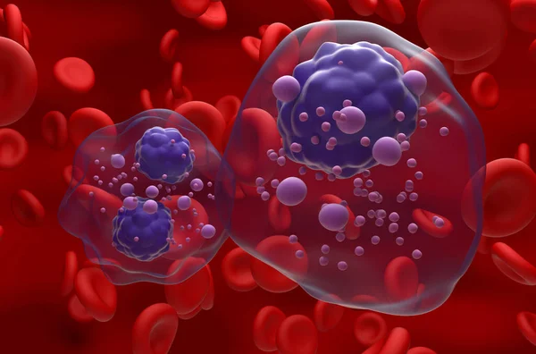 血液流动中的多个骨髓瘤细胞群 特写镜头3D说明 — 图库照片