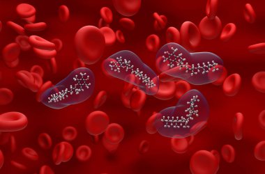 Kan akış topunda E vitamini yapısı ve izometrik görünüm 3d illüstrasyonuna yapıştır
