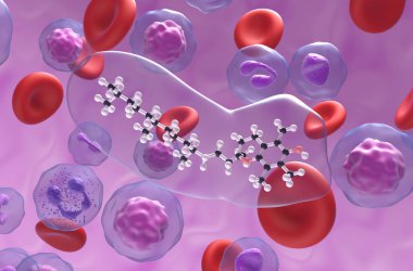 Kan akış topunda E vitamini yapısı ve yakın çekim görüntüsü 3d illüstrasyon