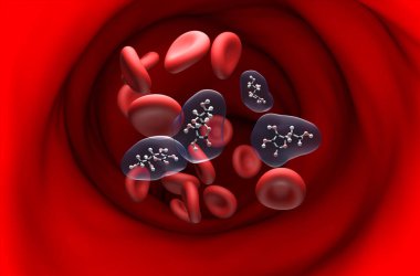 Kan akışı topunda C vitamini (askorbik asit) yapısı ve çubuk bölümü görüntüsü 3d illüstrasyonu