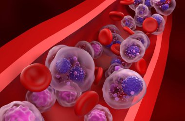 Kan akışındaki çoklu miyelom (MM) hücreleri - yakın çekim görüntüsü 3d illüstrasyon
