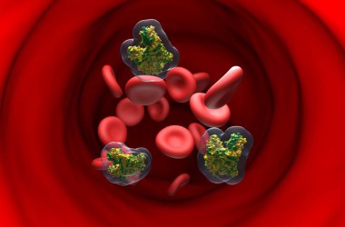 Kan akışındaki Botulinum nörotoksin (BTA) molekülleri - bölüm görünümü 3d illüstrasyon