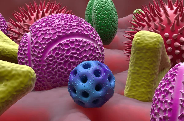 Multiple types of pollen grains in the lung tissue - closeup view 3d illustration