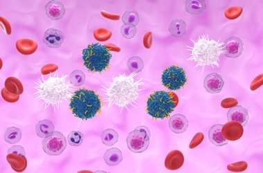 CAR T hücreleri dendritik hücrelerle (DC) fiziksel temas arıyor - izometrik görünüm 3d illüstrasyon