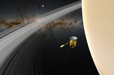 Cassini-Huygens space probe between Saturn's rings - closeup view 3d illustration