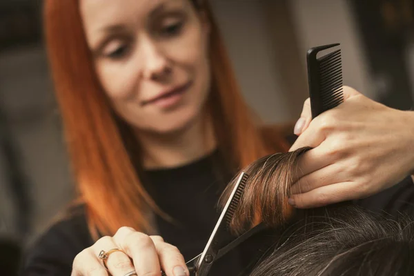 Hairstylist Faz Cortar Pontas Cabelo Cliente Feminino Salão Beleza Moda — Fotografia de Stock