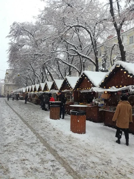 2020 'de Ukrayna, Lviv' de kış Noel pazarı.