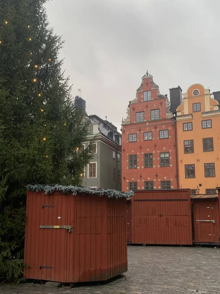 the central square in the Gamla Stan district in Stockholm, fairy houses in Sweden, the square is decorated for the Christmas holidays