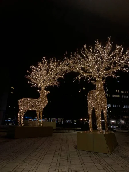 christmas tree with lights and lanterns in form of the deer in the centre of Stockholm in Sweden