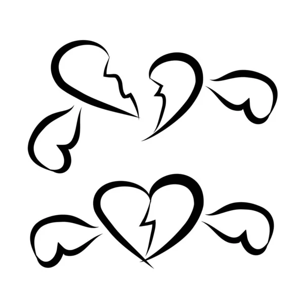 Vector Simple Set Icon Love Wing Broken Heart Isolated White — Vector de stock