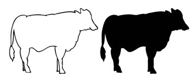 simple vector set 2, outline and silhouette cow, isolated on white