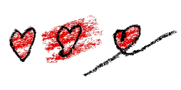 Einfache Vektor Hand Zeichnung Love Crayon Schwarz Rot Doodle Set — Stockvektor