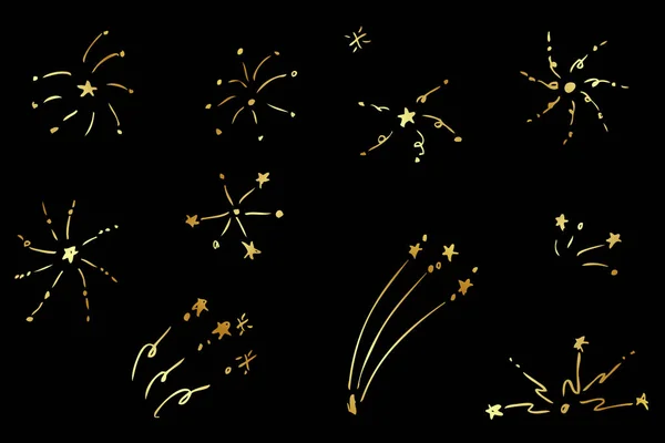 Set Firework Gold Golden Vector Hand Draw Sketch Isolated Black — Stock Vector