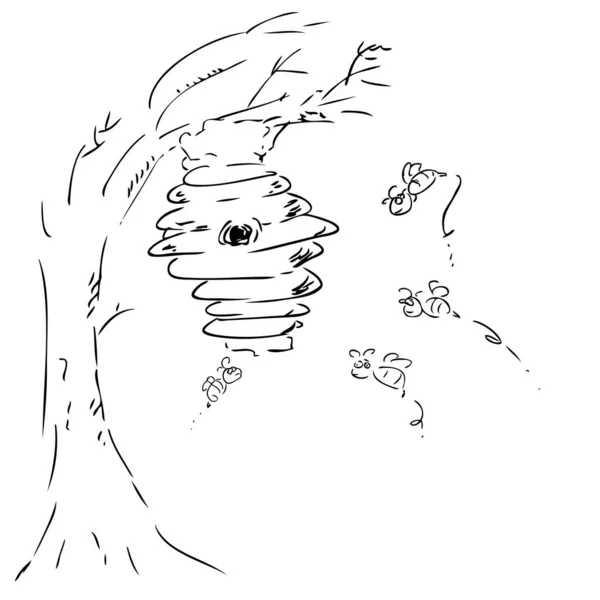 Simple Vector Hand Draw Sketch Bee Hive Tree — Stock Vector