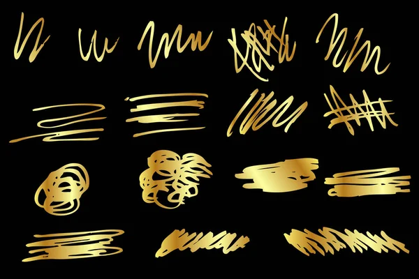 太い線金の手描きベクトル抽象形16枚セット黒に孤立 — ストックベクタ