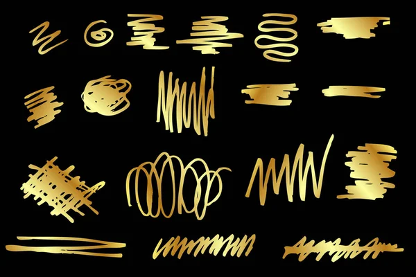 粗线黄金手绘矢量抽象形状 集18 隔离在黑色上 — 图库矢量图片