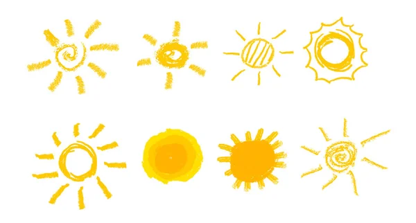 Zestaw Słońce Proste Żółty Pomarańczowy Wektor Ręka Rysować Efekt Kredki — Wektor stockowy