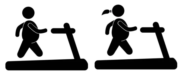Vettore Semplice Set Obesità Camminare Stickman Tapis Roulant Uomo Donna — Vettoriale Stock