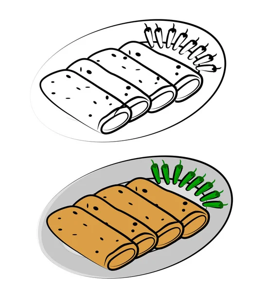 Простий Ескіз Вектор Закуски Чилі Тарілці Набір Традиційна Їжа Рису — стоковий вектор
