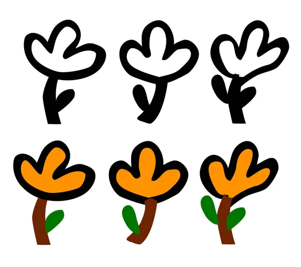 Egyszerű Firka Vektor Készlet Narancs Virág Levél — Stock Vector