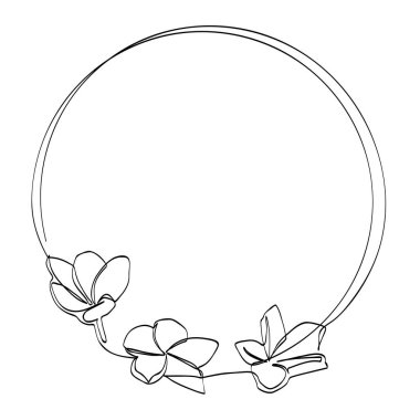 Frangipani ve daire çerçeve basit çizim vektörü tek veya sürekli çizgi