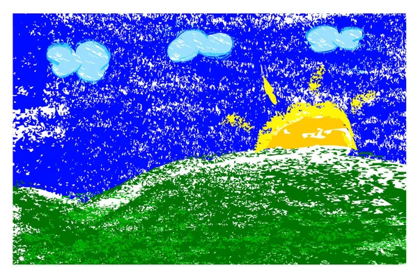 Simple Crayon Vector Hill Flower Sun Cloud Sky — Stock Vector