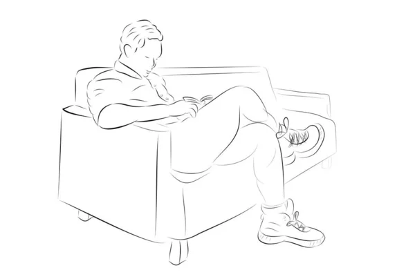 Muž Sedí Čtení Knihy Jednoduché Vektorové Ručně Kreslit Náčrt — Stockový vektor